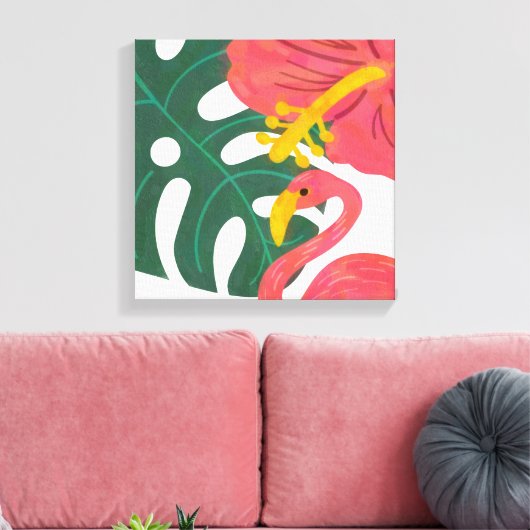 Tropisch lef, Hibiscus Flower & Flamingo Canvas Afdruk (Insitu (Woonkamer))