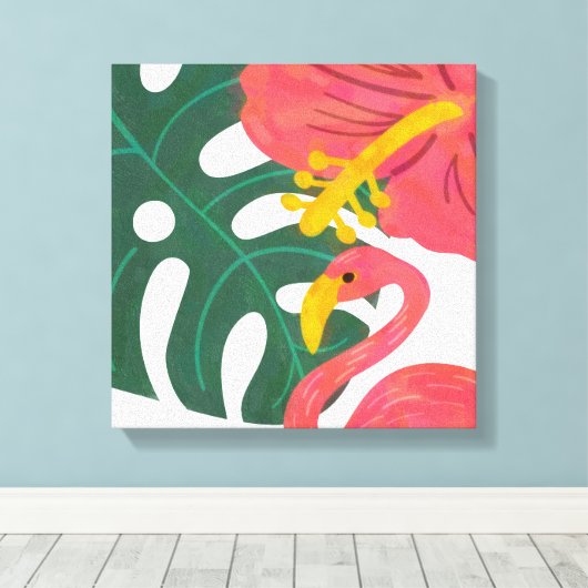 Tropisch lef, Hibiscus Flower & Flamingo Canvas Afdruk (Insitu (Houten vloer))