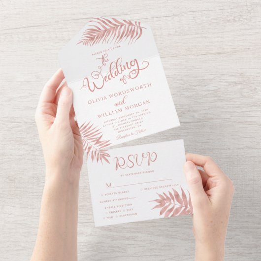 Tropisch lef Roos Gold in één bruiloft All In One Uitnodiging (Afscheurbaar)