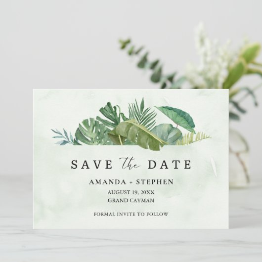 Tropisch lef-strand bruiloft bespaart datum kaart (Staand voorkant)
