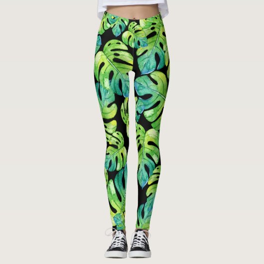 Tropisch lefpatroon Greenery Beach Yoga Black Leggings (Voorkant)