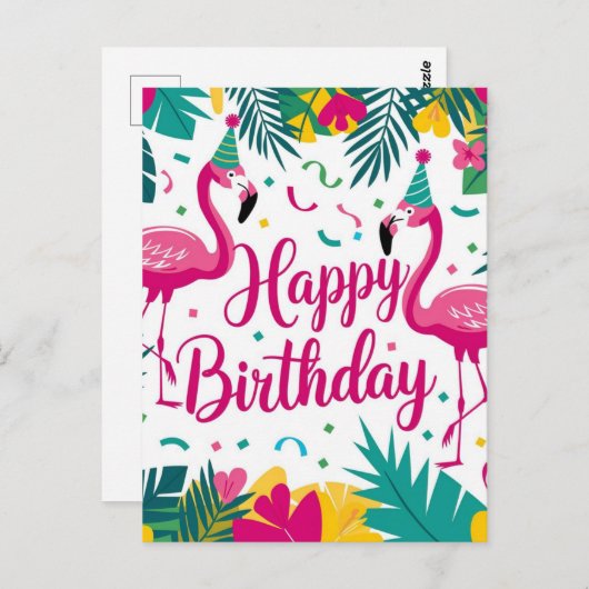 Tropisch leuk flamingo-verjaardagsontwerp briefkaart (Voorkant / Achterkant)