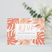 Tropisch levend koraal en gouden bladeren bruiloft RSVP kaartje (Staand voorkant)