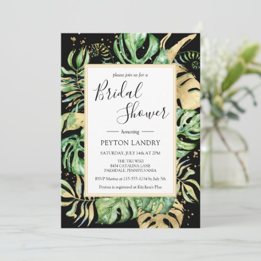 Tropisch Lijst met zwarte bladeren en gouden Vrijg Kaart (Staand voorkant)