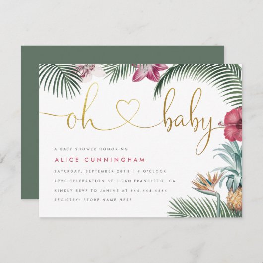 Tropisch Loof Oh Baby Gouden Script Baby Shower Uitnodiging Briefkaart (Voorkant / Achterkant)