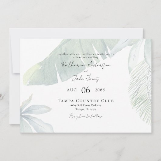 Tropisch loof QR-code Horizontale bruiloft Kaart (Voorkant)