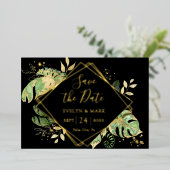 Tropisch Loof Zwart & Goud Folie Save the Date Uitnodiging (Staand Voorkant)