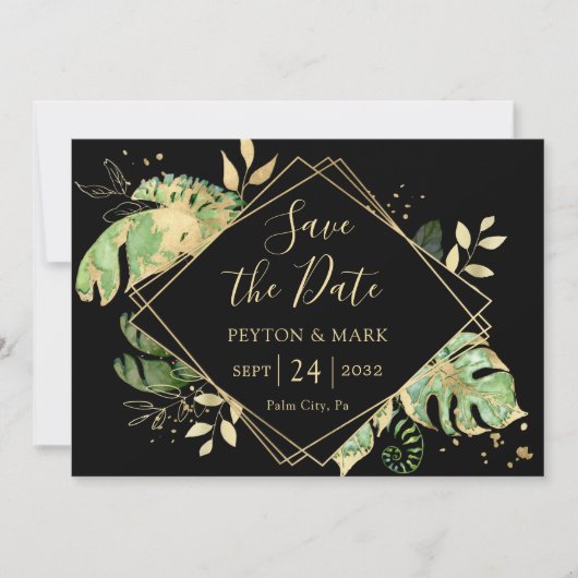 Tropisch Loofwerk Zwart & Goud Elegante Geometrisc Save The Date (Voorkant)