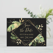 Tropisch Loofwerk Zwart & Goud Elegante Geometrisc Save The Date (Staand voorkant)