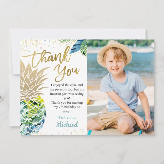 Tropisch Luau-feest Ananas Strand Verjaardagsfoto Bedankkaart (Voorkant)