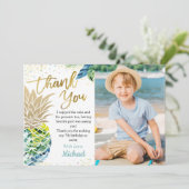 Tropisch Luau-feest Ananas Strand Verjaardagsfoto Bedankkaart (Staand voorkant)