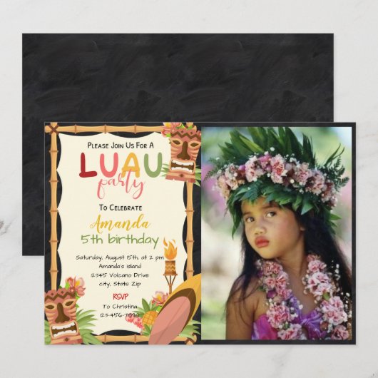 Tropisch Luau Masker Birthday Uitnodiging met foto (Voorkant / Achterkant)