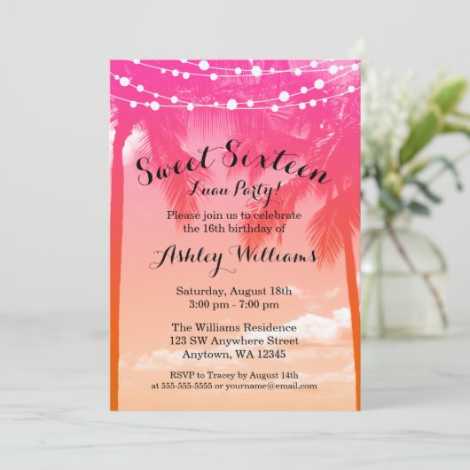 Tropisch Luau Roze Sinaasappel Sweet 16 Birthday Kaart (Staand voorkant)
