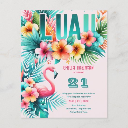 Tropisch Luau Zwembad Feest Meisje Verjaardag (Voorkant)