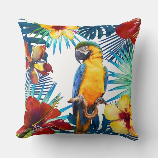 Tropisch Macaw Parrot Geel Blauwgroen Rood strand Kussen (Voorkant)
