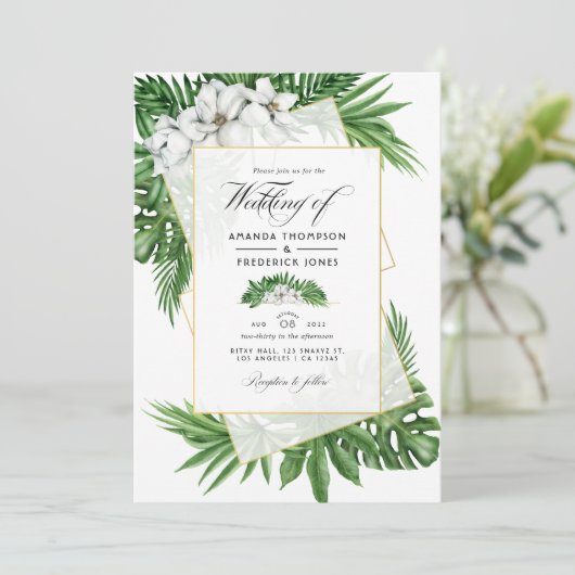 Tropisch Magnolia Geometric Weduwfoto Kaart (Staand voorkant)