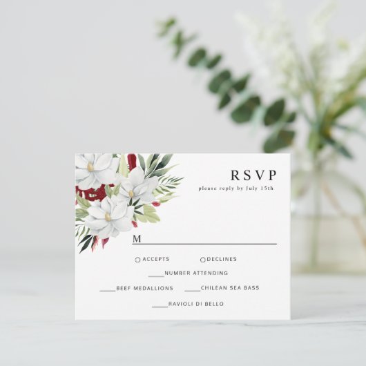 Tropisch Magnolia White Green Red RSVP Kaartje (Staand voorkant)