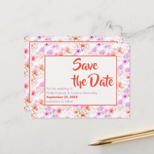 Tropisch Mango Oranje Floral Pattern Save the Date Aankondigingskaart (Voorkant / Achterkant in situ)