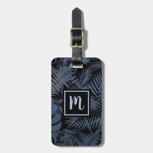 Tropisch marineblauw palmblad monogram modern vet bagagelabel (Voorkant verticaal)