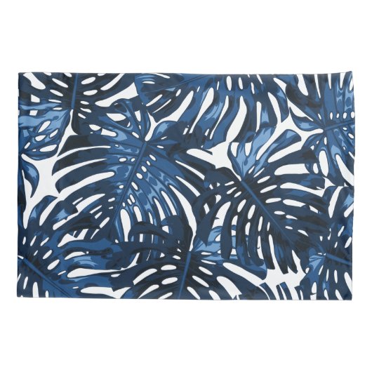 Tropisch marineblauw wit Oerwoud bladeren Kussensloop (Achterkant-Links)