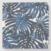 Tropisch marineblauw wit Oerwoud bladeren Stenen Onderzetter (Voorkant)