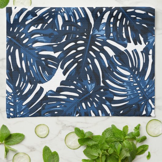 Tropisch marineblauw wit stijlvol palmblad theedoek (Gevouwen)