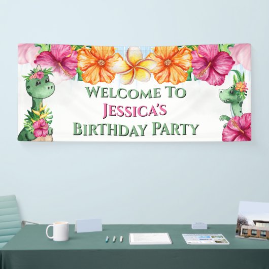 Tropisch meisje dinosaurussen oerwoud bloemen ZEER Spandoek (Beurs)