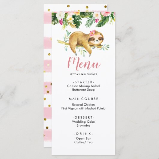 Tropisch Meisje Sloth Baby shower Menu Sjabloon (Voorkant / Achterkant)