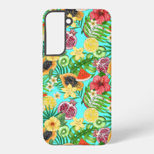 Tropisch mengfruit, bloemen en bladeren op blauw samsung galaxy hoesje