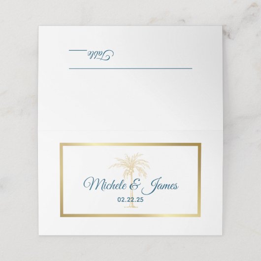 Tropisch Metallic Goud Palm Beach Bruiloft Plaatskaartje (Buitenkant ongevouwen)