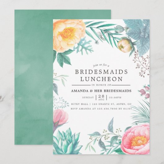 Tropisch Mint Floral Summer Bridesmaids Luncheon Kaart (Voorkant / Achterkant)