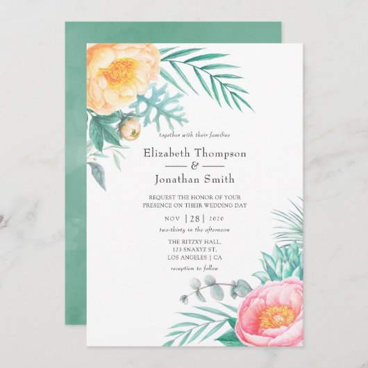 Tropisch Mint Floral Summer Wedding Kaart (Voorkant / Achterkant)
