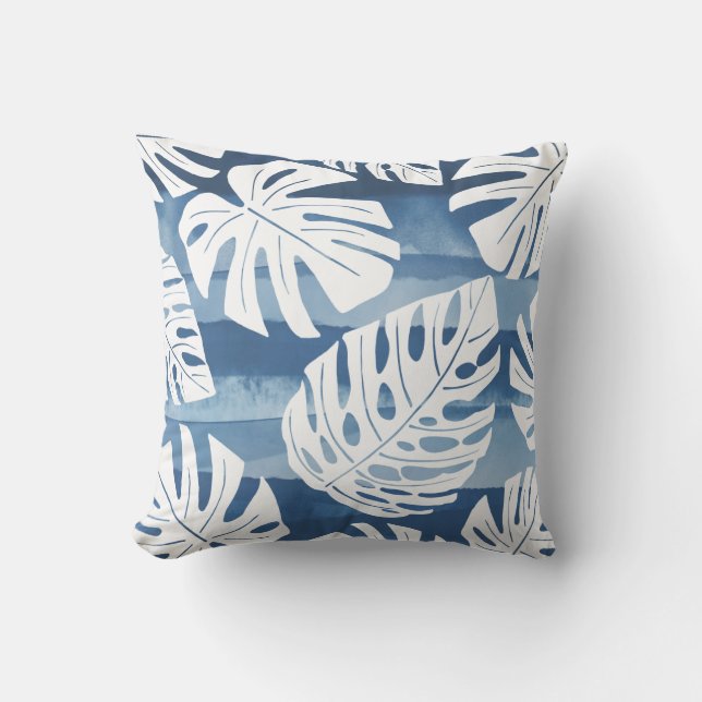 Tropisch modern blauw wit palmblad buitenkussen (Voorkant)