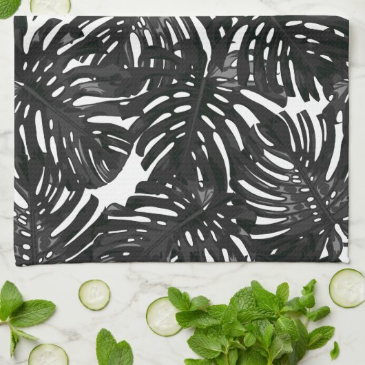 Tropisch modern zwart wit Oerwoud bladeren Theedoek (Gevouwen)