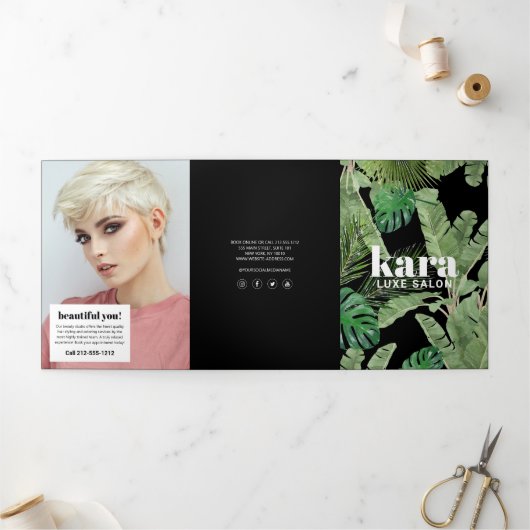 Tropisch Moderne Salon Ontwerper Zwarte Brochure Drieluik Kaart (Buitenkant)