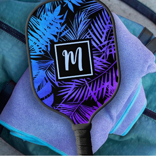 Tropisch monogram blauw Paars Ombre Palm Modern Pickleball Paddle
