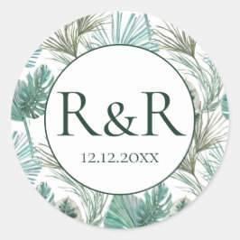 Tropisch Monogram Bruiloft Ronde Sticker