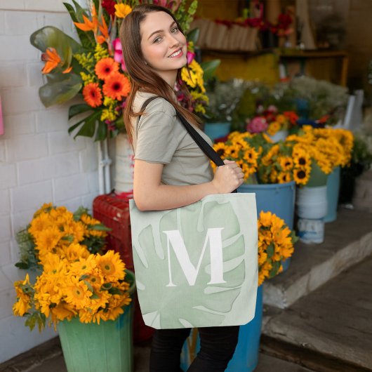 Tropisch monogram groene palmbladeren tote bag