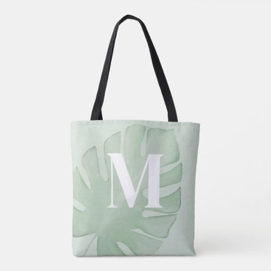 Tropisch monogram groene palmbladeren tote bag (Achterkant)