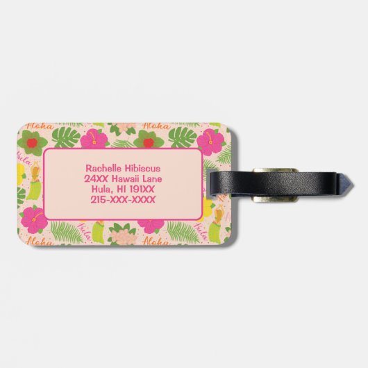 Tropisch Monogram Hawaïaanse Bloem Aloha Hula Vrou Bagagelabel (Achterkant horizontaal)