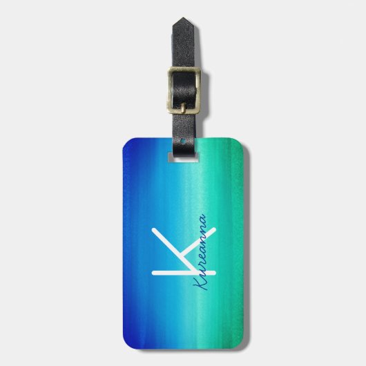 Tropisch Monogram Neon Beachy Blue Green Bagagelabel (Voorkant verticaal)