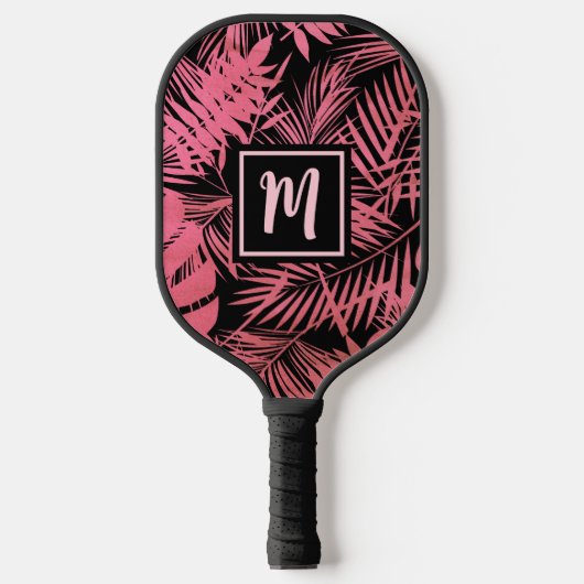 Tropisch monogram Roos Roze palm blauw modern Pickleball Paddle (Voorkant)