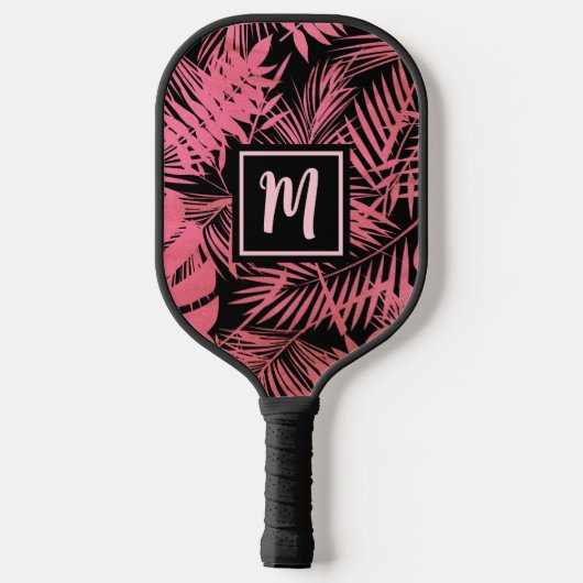 Tropisch monogram Roos Roze palm blauw modern Pickleball Paddle (Achterkant)