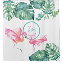 Tropisch Monogram Roze Flamingo Badkamer Decoratie Douchegordijn