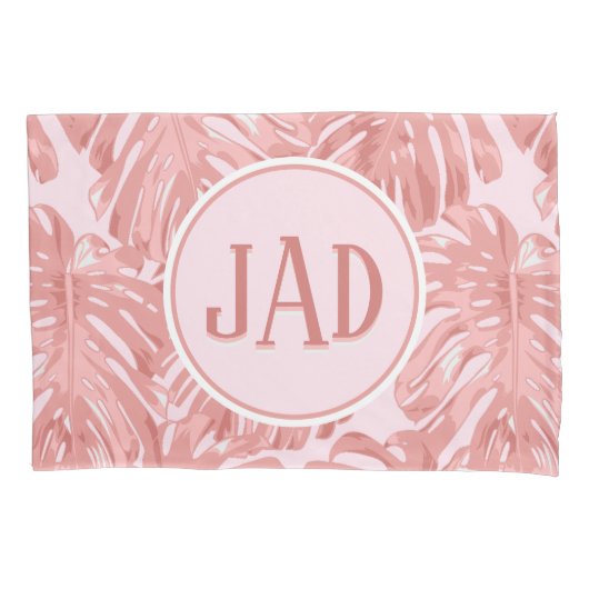 Tropisch monogram roze monstera Oerwoud lekt Kussensloop (Voorkant-Links)