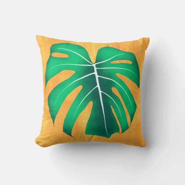 Tropisch Monstera blad op geel Kussen (Voorkant)