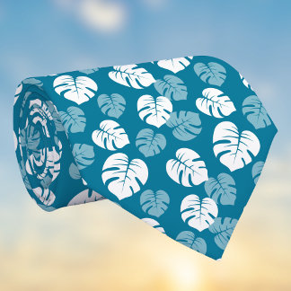 Tropisch Monstera blad teal turquoise wit bloemmot Stropdas