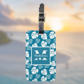 Tropisch Monstera-blad Teal Witte Bloem Monogram Bagagelabel