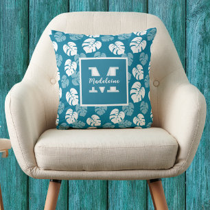 Tropisch Monstera-blad Teal Witte Bloemige Monogra Kussen