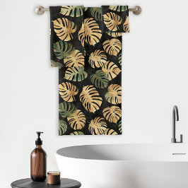 Tropisch Monstera Bladeren Patroon Zwart Groen Bei Bad Handdoek